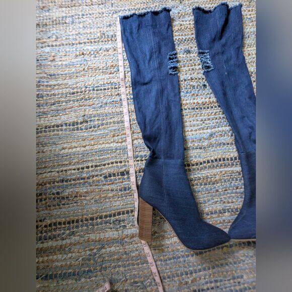 Denim Over The Knee Boots 9 Pointed Toe Distressed Tall Heels Y2K Wood Block Hee - Picture 6 of 10